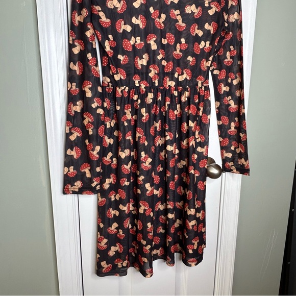 Dangerfield Sheer Black Mesh Mushroom Print Unique Alt Goth Mock Neck Dress 6 - Picture 7 of 11